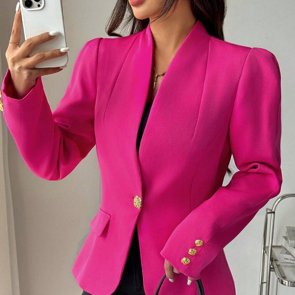 Hot Pink Elegant Women's Solid Single Button Long Sleeve Blazer - Picture 5 of 7